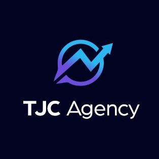 TJC Agency logo with upward arrow and circular design on dark background
